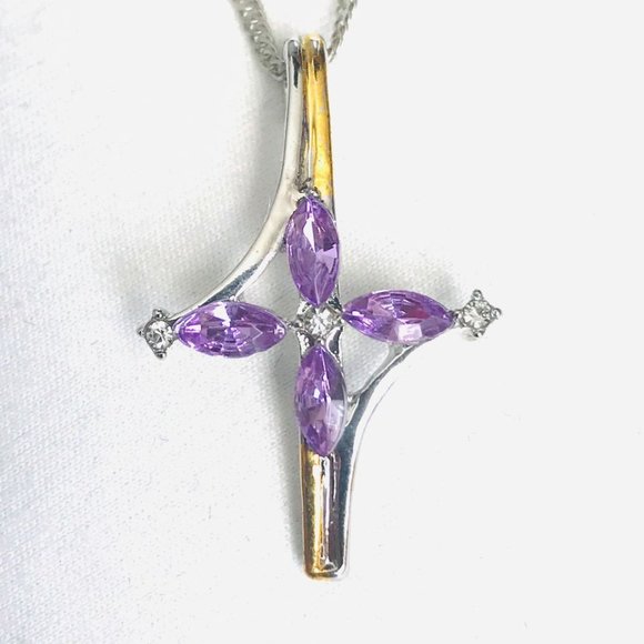 16-18" 2-Toned Cross w/Amethyst Marquise & CZ - Picture 2 of 5